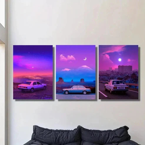 3pcs Classic Cars Moonlit Nights & Vibrant Skies Wall Art Canvas Unframed – High Quality Print 100% Australian Made Wall Canvas - Bella Home Decor