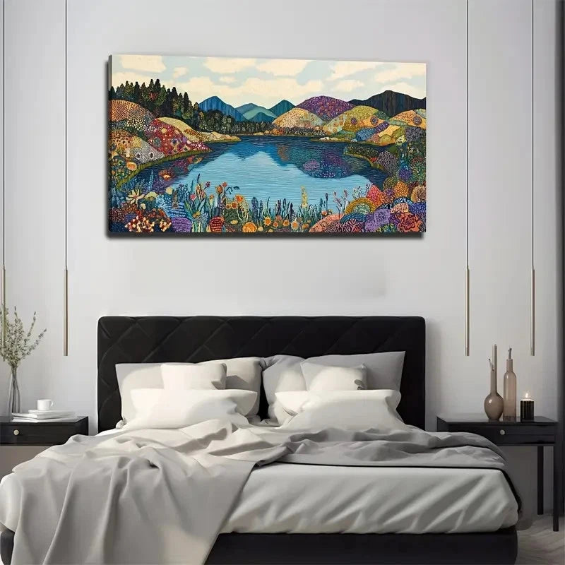 Lake Mountain Map Suitable Wall Art Canvas Office Home Room Framed 120x60cm