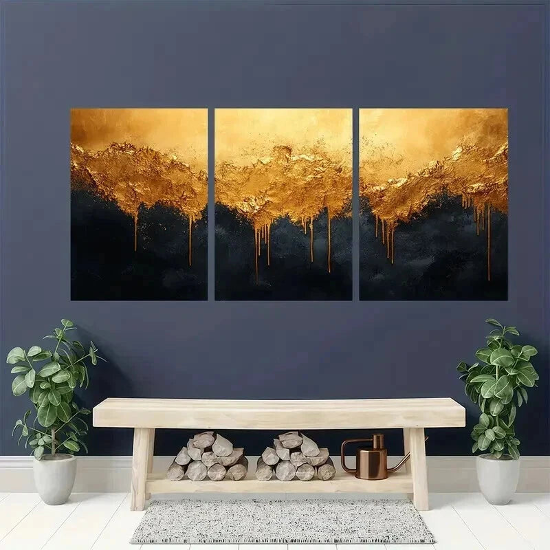 3pcs Vibrant Golden Black Design Wall Art Set Canvas Framed 60x90cm - High Quality Print 100% Australian Made Wall Canvas Ready to Hang - Bella Home Decor