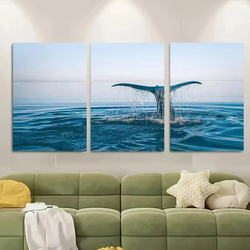 3pcs Ocean Sunset Scene with Whale Fin and Wave Wall Art Set Canvas Framed 60x90cm - High Quality Print 100% Australian Made Wall Canvas Ready to Hang