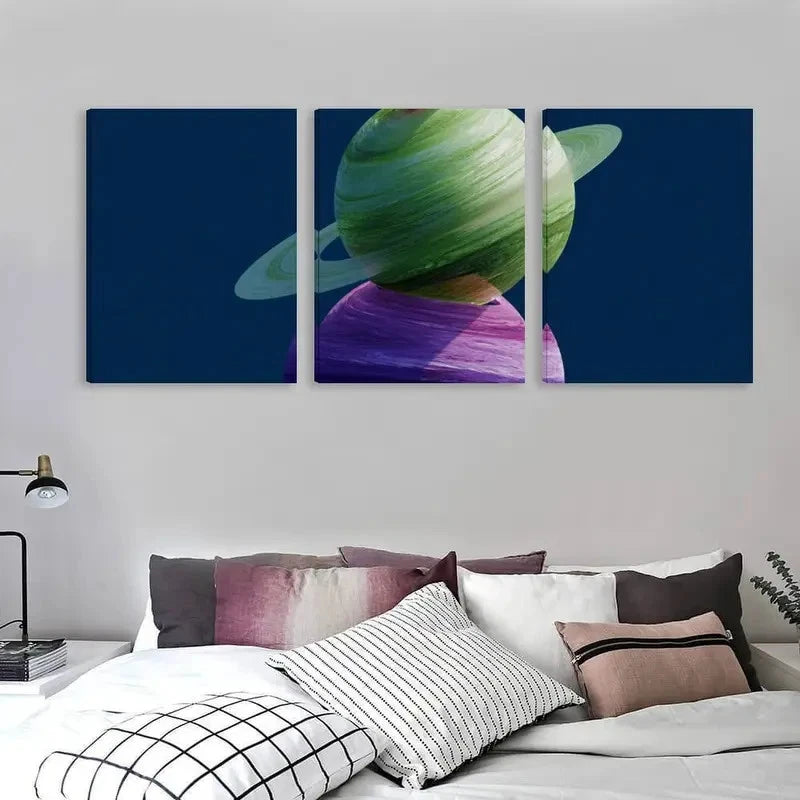 3pcs Green Ringed Planet Rests On Purple Sphere Wall Art Set Canvas Framed 60x90cm - High Quality Print 100% Australian Made Wall Canvas Ready to Hang