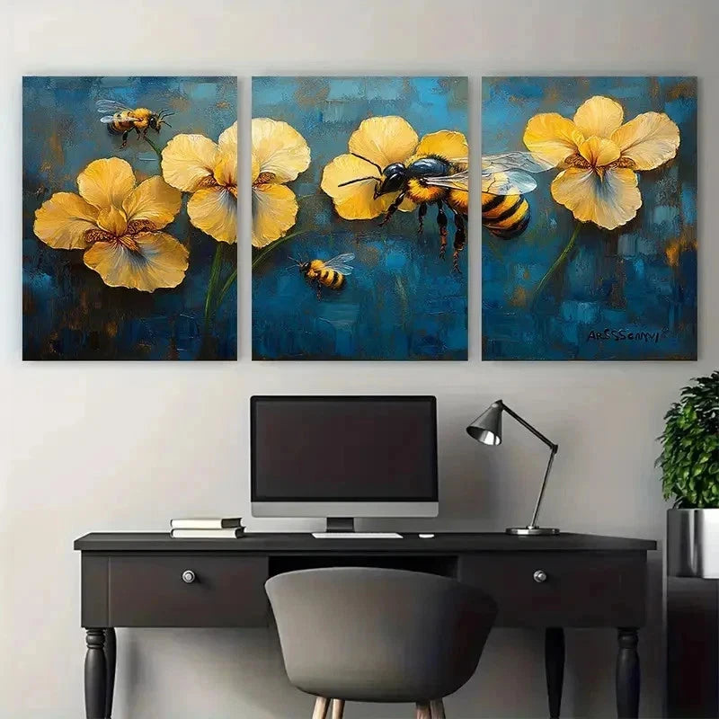 3pcs Impasto Artwork Honeybee Perfect Wall Art Set Canvas Framed 50x70cm - High Quality Print 100% Australian Made Wall Canvas Ready to Hang