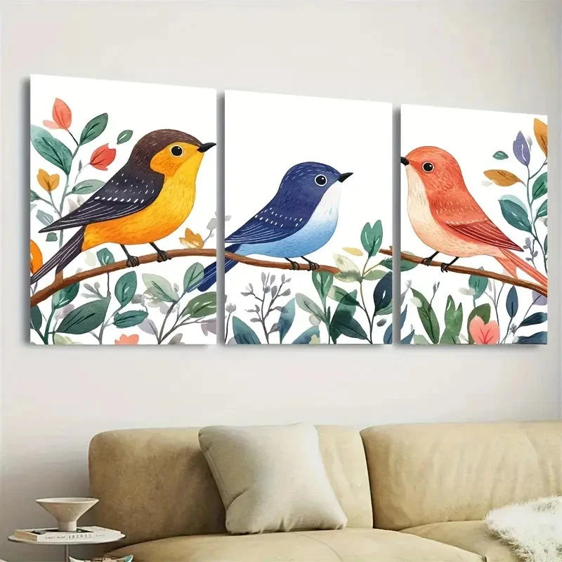 3pcs Colorful Songbirds on Branch with Lush Wall Art Set Canvas Framed 50x70cm - High Quality Print 100% Australian Made Wall Canvas Ready to Hang - Bella Home Decor
