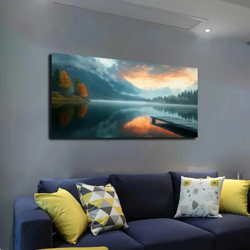 Forest Lake By The Side Wall Art canvas office home room framed 120x60cm