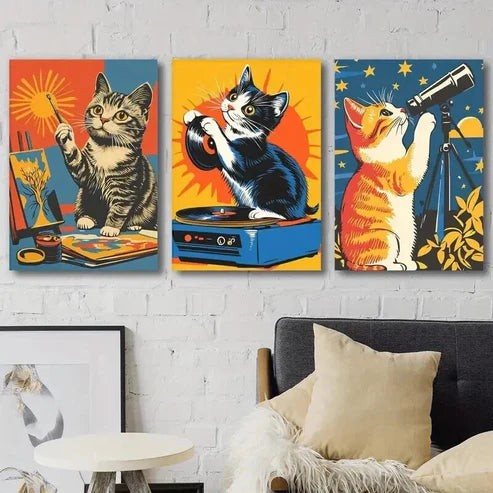 3pcs DJ Cat Astronomy Cat Sunrise Cat Wall Art Canvas Unframed - High Quality Print 100% Australian Made Wall Canvas - Bella Home Decor