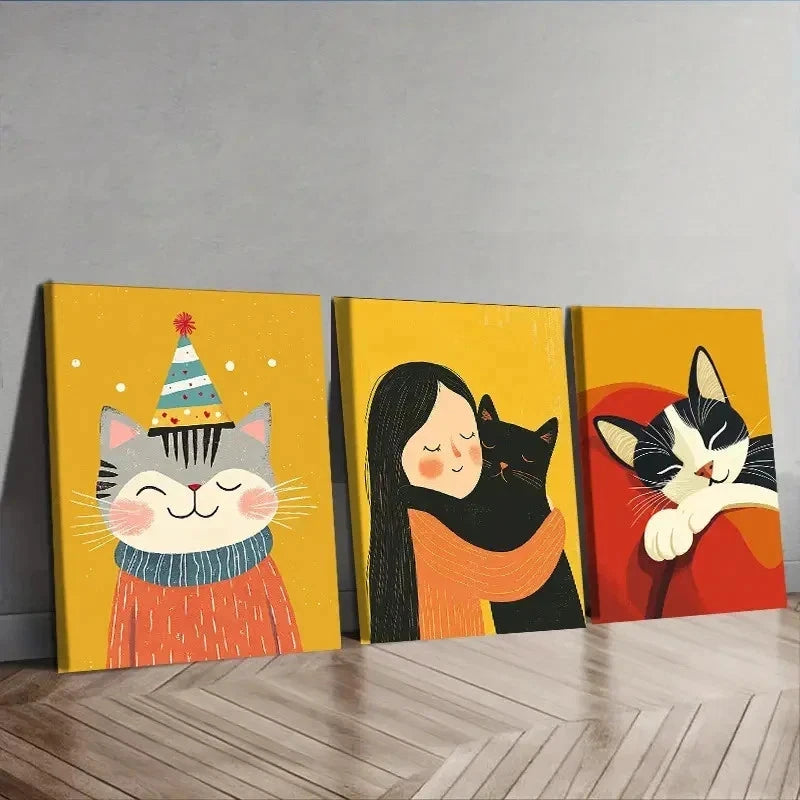 3pcs Paintings Featuring Pet Cats Wall Art Set Canvas Framed 50x70cm - High Quality Print 100% Australian Made Wall Canvas Ready to Hang