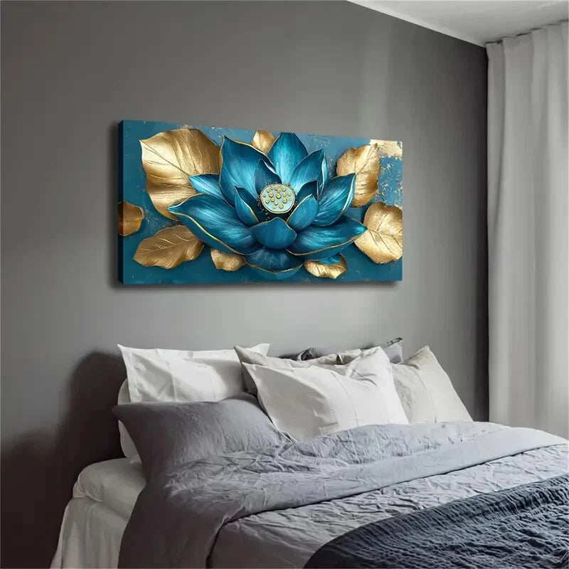 Lotus Petals And Golden Leaves Wall Art Canvas Office Home Room Framed 120x60cm - Bella Home Decor