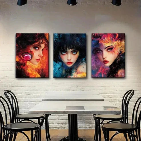 3pcs Mysterious Women Faces Vibrant Perfect Wall Art Canvas Unframed - High Quality Print 100% Australian Made Wall Canvas