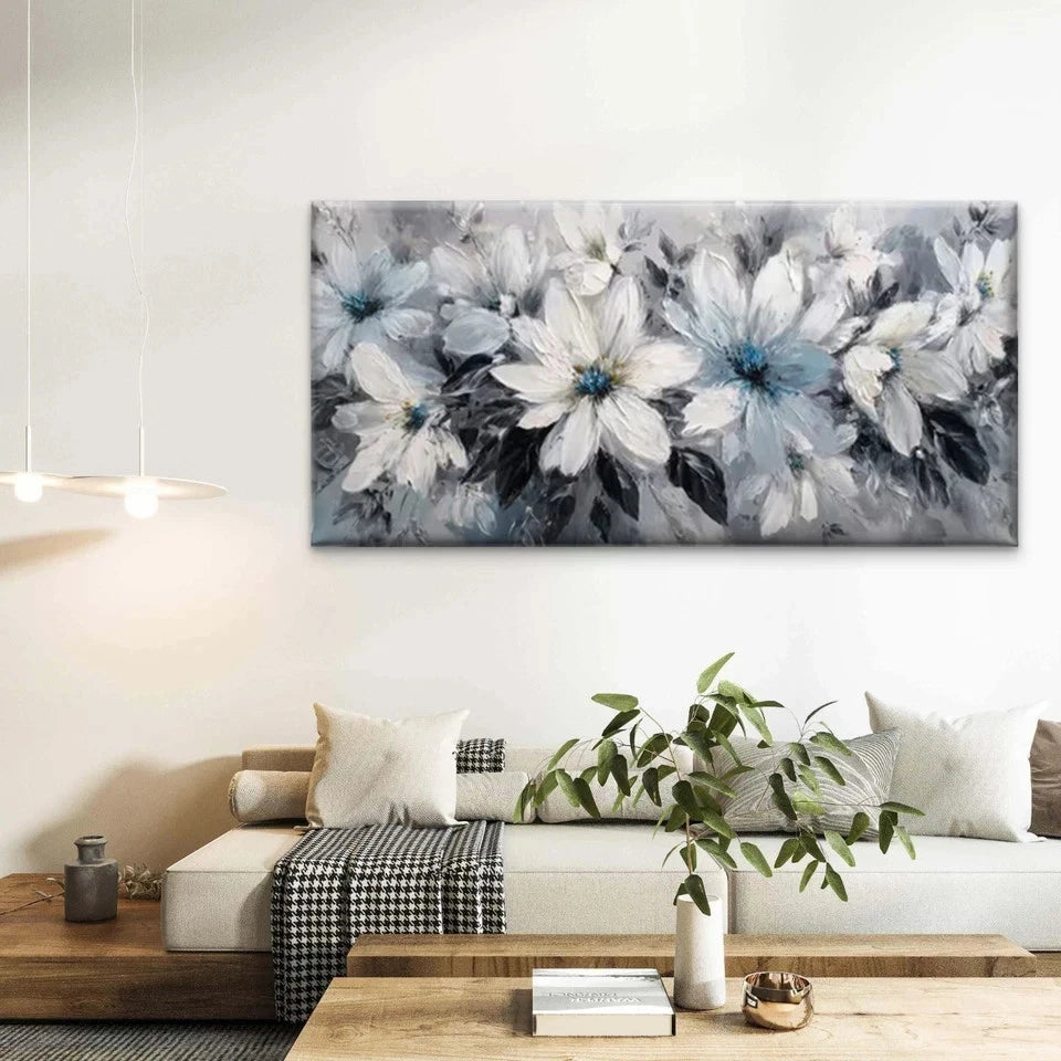 White & Blue Floral Abstract Wall Art Canvas Office Home Room Framed 120x60cm