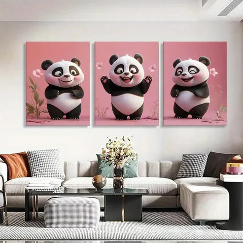 3pcs Pink Background Playful Panda Perfect Wall Art Set Canvas Unframed - High Quality Print 100% Australian Made Wall Canvas