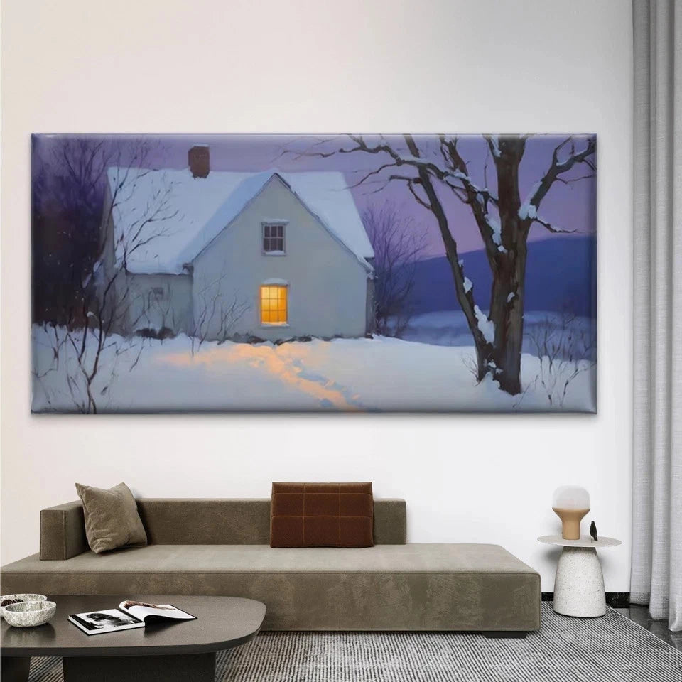 Snow Cottage Landscape Wall Art Canvas Office Home Room Framed 120x60cm