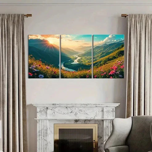 3pcs Valley Under Sunset Nature Scenery Wall Art Canvas Unframed - High Quality Print 100% Australian Made Wall Canvas