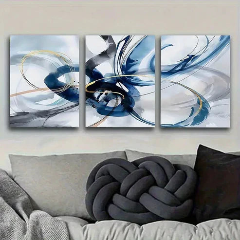 3pcs Blue and Golden Wave Wall Art Set Canvas Unframed - High Quality Print 100% Australian Made Wall Canvas - Bella Home Decor