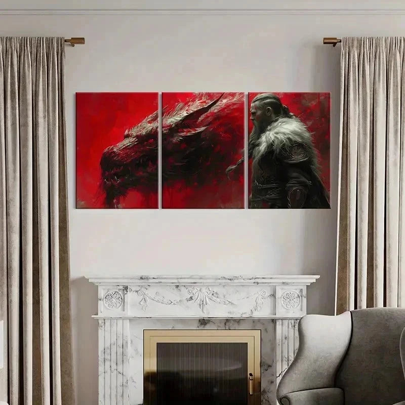 3pcs Fantasy Aesthetic Art Viking Scary Dragon Wall Art Set Canvas Framed 40x60cm - High Quality Print 100% Australian Made Wall Canvas Ready to Hang - Bella Home Decor