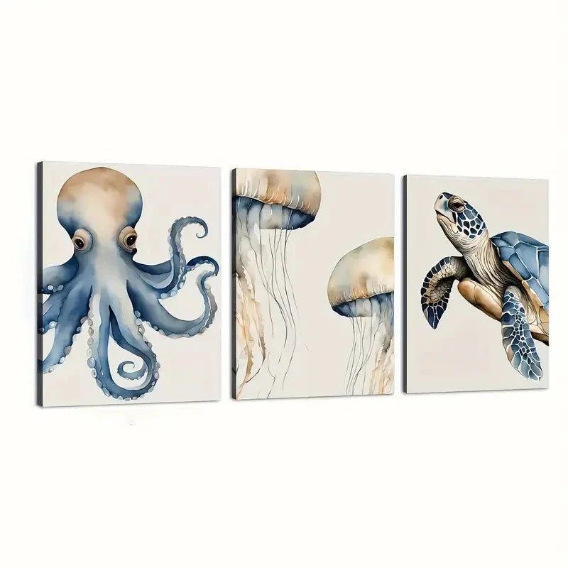 3pcs Octopus and Turtle Wall Art Set Canvas Framed 60x90cm - High Quality Print 100% Australian Made Wall Canvas Ready to Hang