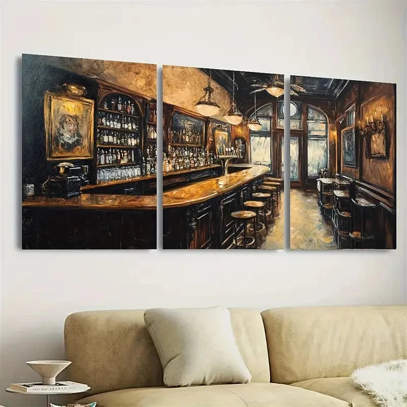 3pcs Vintage Victorian Bar, Old Timey Tavern Wall Art Set Canvas Framed 50x70cm - High Quality Print 100% Australian Made Wall Canvas Ready to Hang - Bella Home Decor