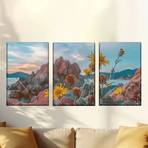 3pcs Flowers on the cliffs Wall Art Set Canvas Unframed - High Quality Print 100% Australian Made Wall Canvas - Bella Home Decor