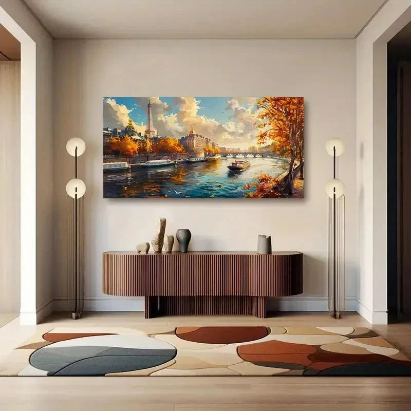 Retro Autumn Village Wall Art Canvas Office Home Room Framed 120x60cm