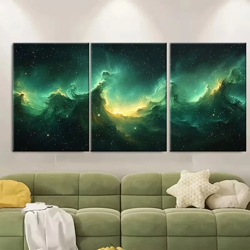 3pcs Vibrant Green Abstract Starry Night Metal Print Ready to Hang Art