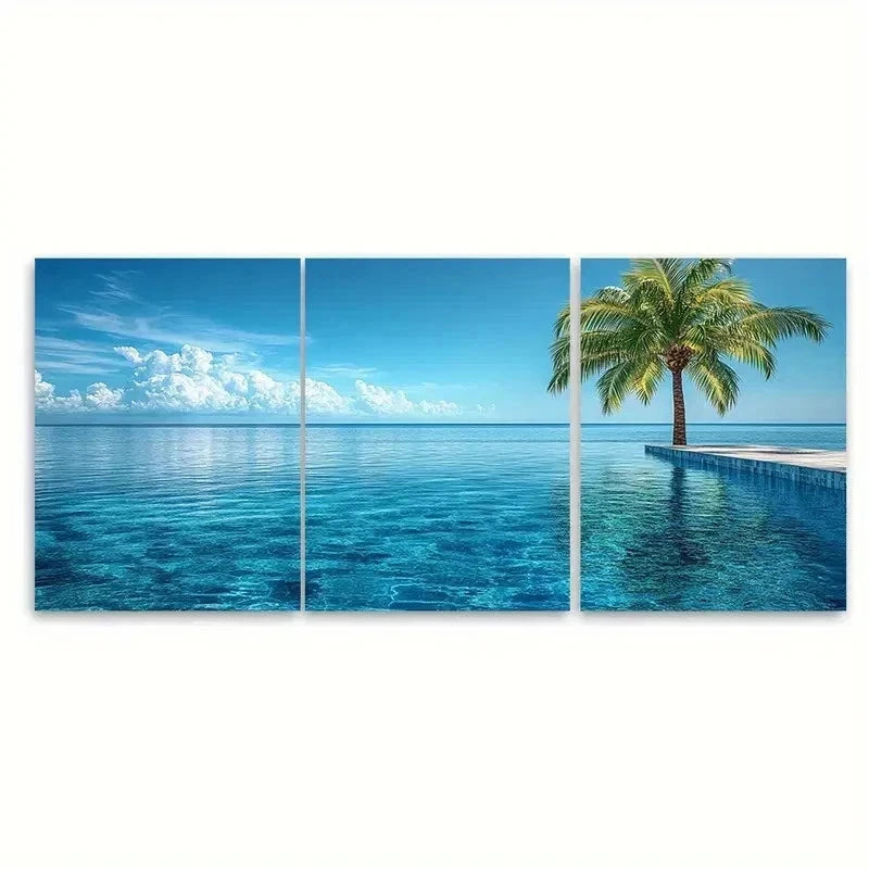 3pcs Tranquil Palm Tree Infinity Pool Wall Art Set Canvas Framed 40x60cm - High Quality Print 100% Australian Made Wall Canvas Ready to Hang