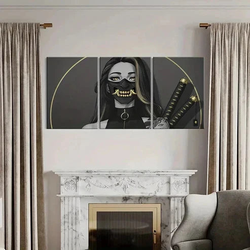3pcs Woman In Mask and Katana Modern Canvas Unframed - High Quality Print 100% Australian Made Wall Canvas