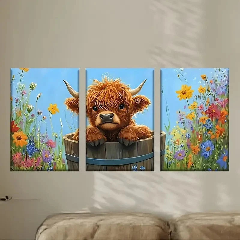 3pcs Highland Cows in Vibrant Flower Fields Wall Art Set Canvas Framed 60x90cm - High Quality Print 100% Australian Made Wall Canvas Ready to Hang