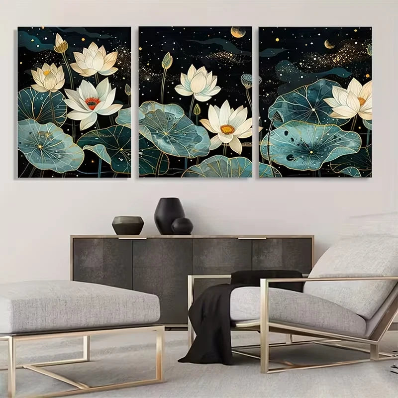 3pcs Night Blooming Lotus Flowers Dream Wall Art Set Canvas Framed 40x60cm - High Quality Print 100% Australian Made Wall Canvas Ready to Hang