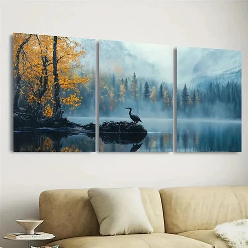 3pcs Serene Lake, Golden-Yellow Leaves Wall Art Set Canvas Unframed - High Quality Print 100% Australian Made Wall Canvas - Bella Home Decor