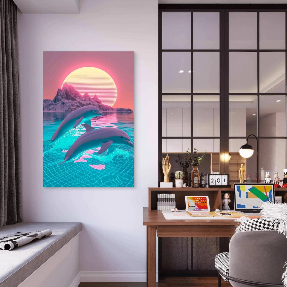 3D Rendering Dolphin With Sunset 40x60cm Metal Print Ready to Hang