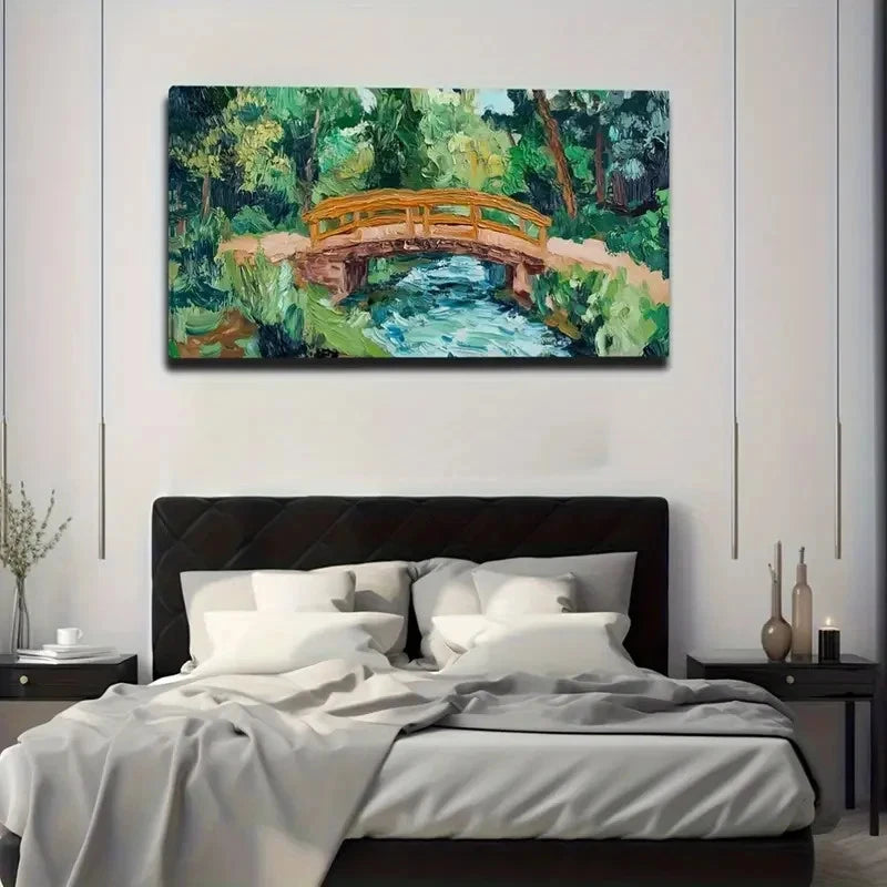 Serene River & Wooden Bridge Wall Art Canvas Office Home Room Framed 120x60cm