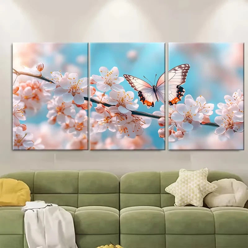 3pcs White Blossom Under Blue Sky with Butterfly Metal Print Ready to Hang Art
