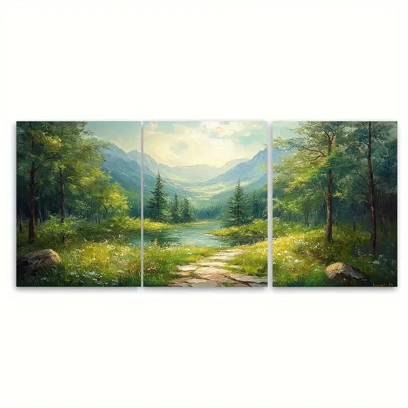 3pcs Handmade Green Forest Landscape YI Wall Art Set Canvas Framed 40x60cm - High Quality Print 100% Australian Made Wall Canvas Ready to Hang