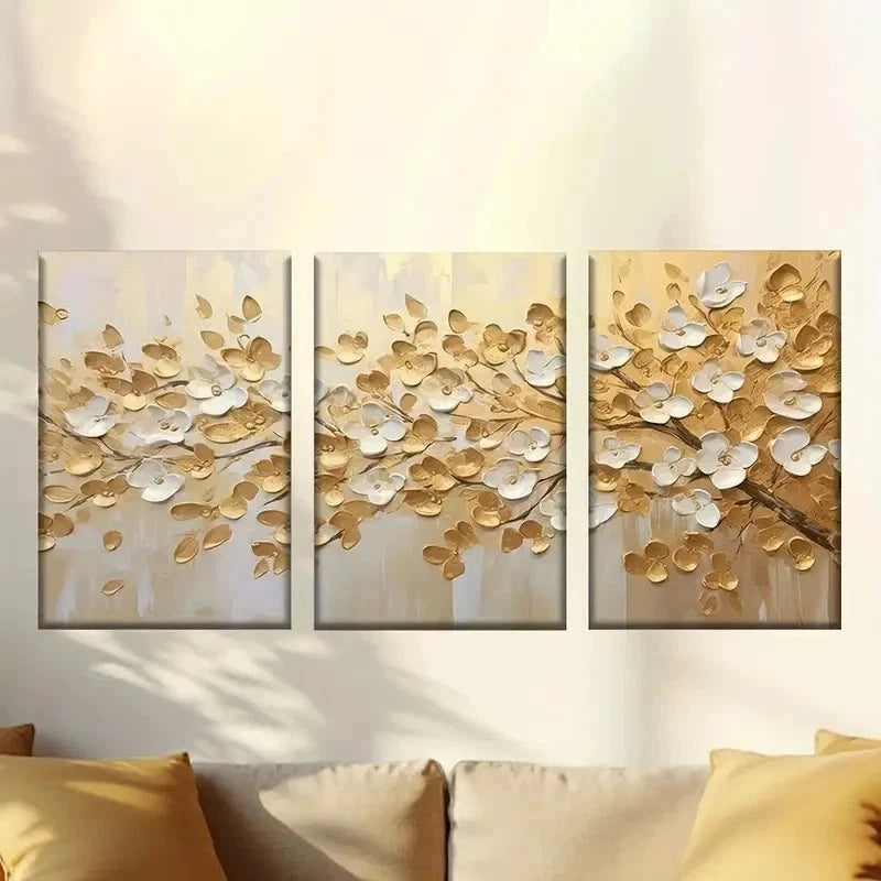 3pcs Painting of Golden Leaves White Background Wall Art Set Canvas Framed 60x90cm - High Quality Print 100% Australian Made Wall Canvas Ready to Hang