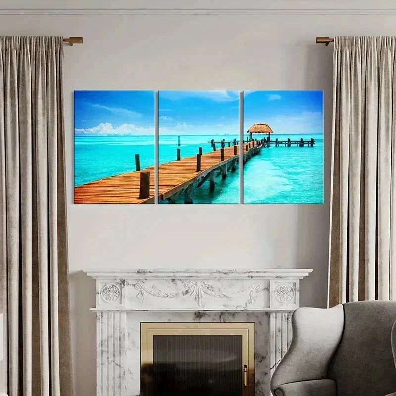 3pcs Seaside Landscape Art Pier Sea Wall Art Set Canvas Framed 60x90cm - High Quality Print 100% Australian Made Wall Canvas Ready to Hang