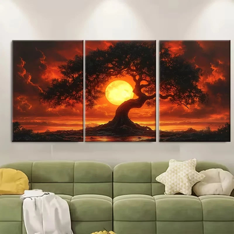 3pcs Intense Sunset Tree Metal Print Ready to Hang Art