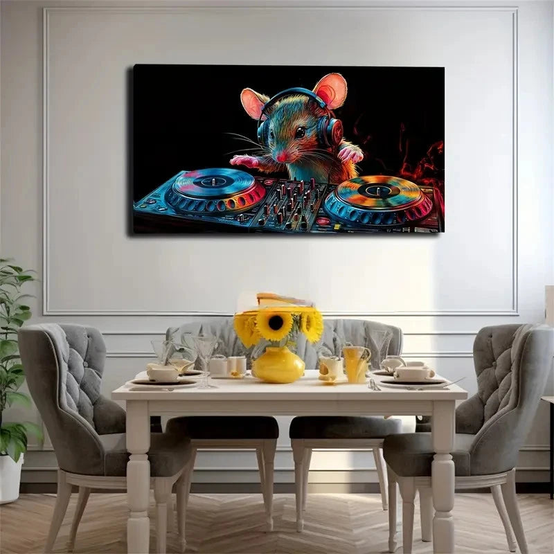 Playful Mouse DJing Headphones Wall Art Canvas Office Home Room Framed 120x60cm