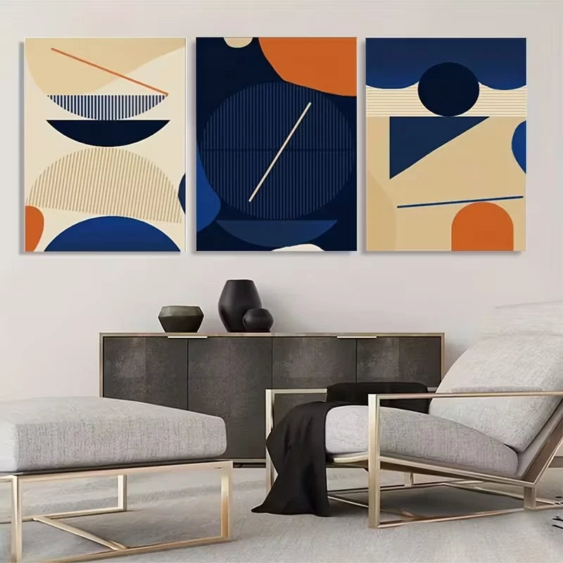 3pcs Blue, Beige, and Orange Geometric Design Wall Art Set Canvas Framed 60x90cm - High Quality Print 100% Australian Made Wall Canvas Ready to Hang - Bella Home Decor