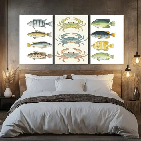 3pcs Colorful Fish & Crab Design Wall Art Canvas Unframed - High Quality Print 100% Australian Made Wall Canvas - Bella Home Decor