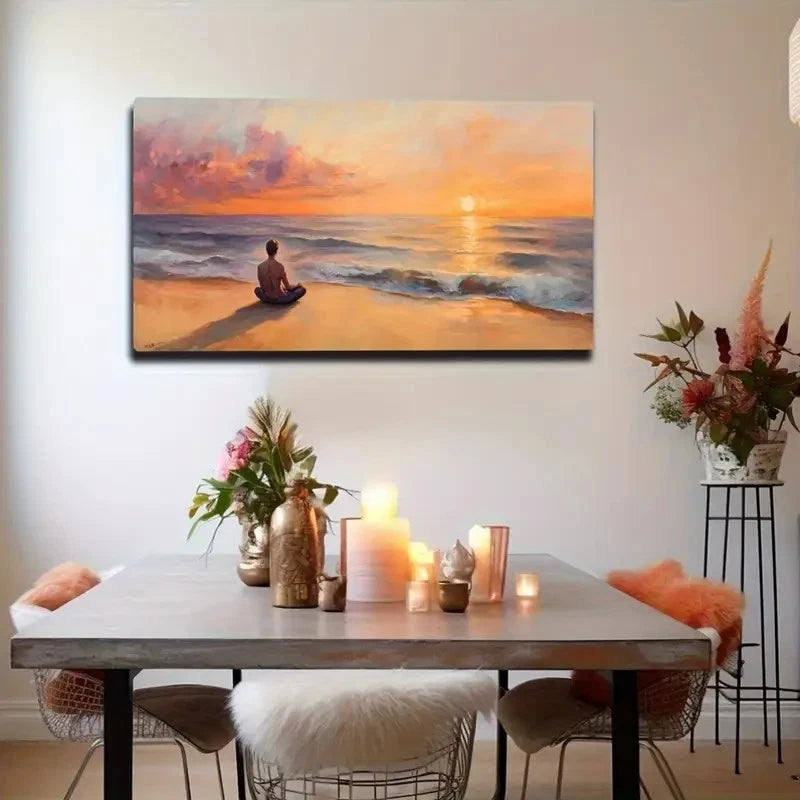 Serene Beach Meditation Scene Wall Art Canvas Office Home Room Framed 120x60cm