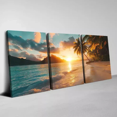 3pcs Beautiful Vintage Beach Sunset with Trees Wall Art Canvas Unframed - High Quality Print 100% Australian Made Wall Canvas - Bella Home Decor