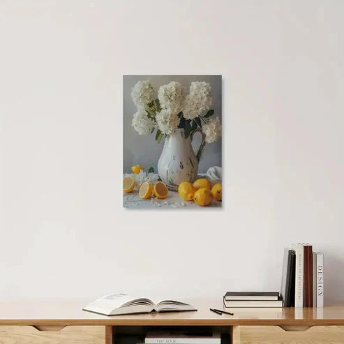 Beautiful Rustic White Jug & Lemon Painting 60x90cm Metal Print Ready to Hang