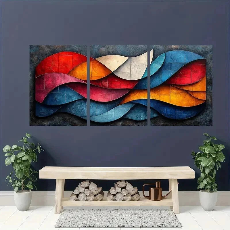 3pcs Vibrant Mixed Colors Cubist Painting Wall Art Set Canvas Framed 60x90cm - High Quality Print 100% Australian Made Wall Canvas Ready to Hang - Bella Home Decor