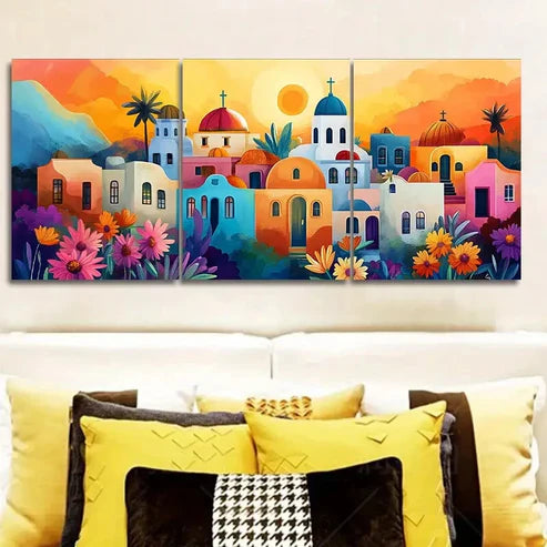 3pcs Greek Island Style Town Wall Art Set Canvas Unframed - High Quality Print 100% Australian Made Wall Canvas