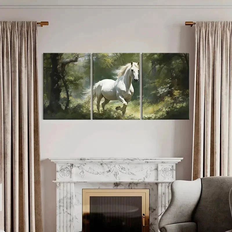 3pcs Showcasing a White Horse in The Forest Wall Art Set Canvas Framed 50x70cm - High Quality Print 100% Australian Made Wall Canvas Ready to Hang