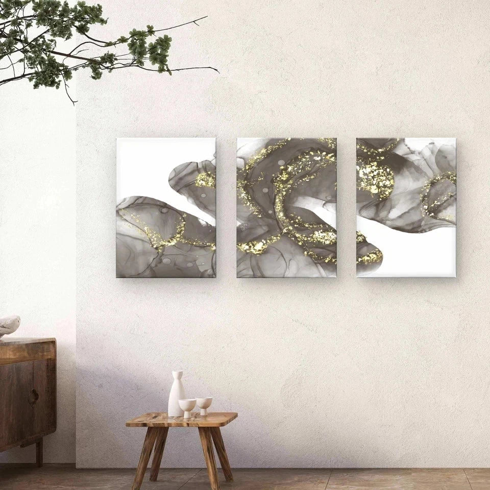 3pcs Black , Grey and Gold Fluid Marble Abstract Wall Art Set Canvas Framed 50x70cm - High Quality Print 100% Australian Made Wall Canvas Ready to Hang