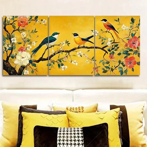 3pcs Tree Of Life Adorned With Birds And Flowers Wall Art Canvas Unframed - High Quality Print 100% Australian Made Wall Canvas