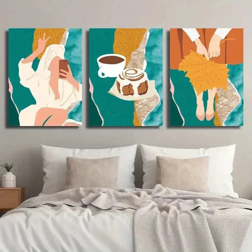 3pcs Coffee & Bread Woman in Bath Wall Art Set Canvas Unframed - High Quality Print 100% Australian Made Wall Canvas - Bella Home Decor