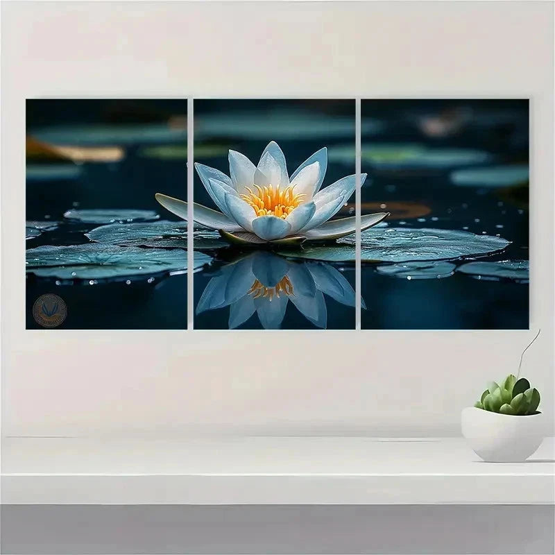 3pcs Peaceful Water Lily Reflective Art YU Wall Art Set Canvas Framed 50x70cm - High Quality Print 100% Australian Made Wall Canvas Ready to Hang