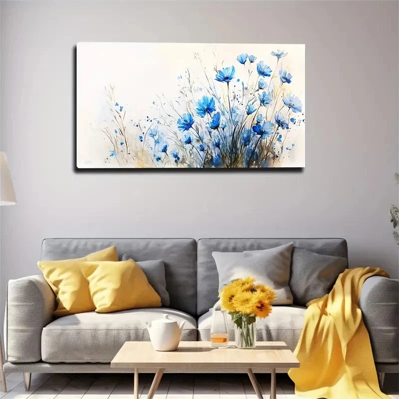 Blue Small Flowers Wall Art canvas office home room framed 120x60cm