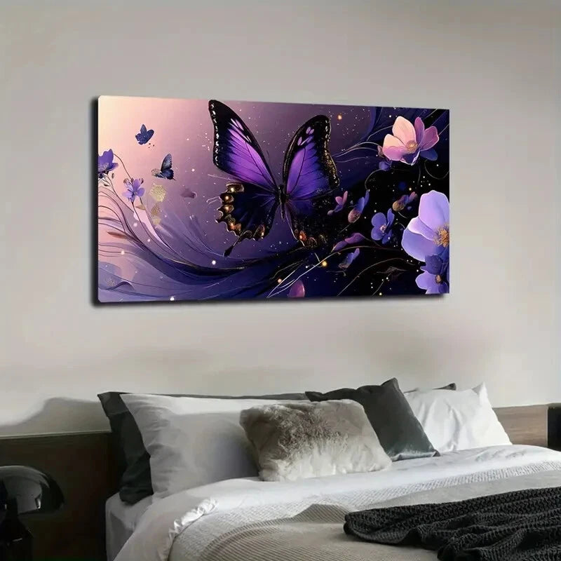 Elegant Purple Butterfly Golden Wall Art Canvas Office Home Room Framed 120x60cm - Bella Home Decor